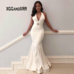 White Sleeveless Backless Deep V-Neck Satin Evening Gown