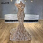 Glitter Sequin Long Evening Dresses One Shoulder Mermaid Champagne Saudi Arabic Evening Gown Formal Prom Dress Robe De Soiree
