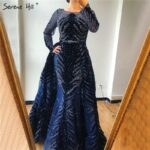 Luxury Navy Blue Latest Design Evening Dresses 2020 Long Sleeves A-Line Sexy Evening Gowns Serene Hill LA60914 - Image 2