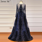 Luxury Navy Blue Latest Design Evening Dresses 2020 Long Sleeves A-Line Sexy Evening Gowns Serene Hill LA60914 - Image 3