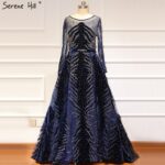 Luxury Navy Blue Latest Design Evening Dresses 2020 Long Sleeves A-Line Sexy Evening Gowns Serene Hill LA60914 - Image 5
