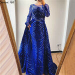 Luxury Navy Blue Latest Design Evening Dresses 2020 Long Sleeves A-Line Sexy Evening Gowns Serene Hill LA60914 - Image 6