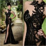 High Neck Sculptured Sequined Beaded High Slit Evening Gown