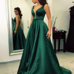 Green A-Line V-Neck Satin Backless Long Evening Gown