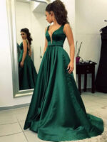 Green A-Line V-Neck Satin Backless Long Evening Gown