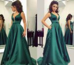Green A-Line V-Neck Satin Backless Long Evening Gown - Image 3
