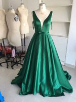 Green A-Line V-Neck Satin Backless Long Evening Gown - Image 4
