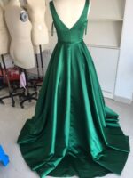 Green A-Line V-Neck Satin Backless Long Evening Gown - Image 5