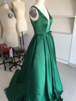 Green A-Line V-Neck Satin Backless Long Evening Gown - Image 6