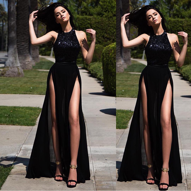 Black-Prom-Dresses-A-line-High-Collar-Chiffon-Lace-Slit-Sexy-Long-Prom-Gown-Evening-Dresses