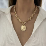 Gold Necklace with Golden Indian Head Pendant - Women's Heavy Twisted Metal Thick Chain Jewelry