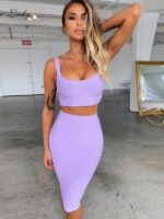 Sexy Two Piece Bandage Skirt Set - Summer Wear - Lilac Bodycon Skirt and Top - Matching Set Club Party - Image 2