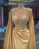 Elegant Gold Champagne Dresses with Cape Sleeve Jewel Neck Line - Satin Beaded Mermaid Evening Gown - Prom Weddings - Image 2