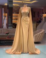 Elegant Gold Champagne Dresses with Cape Sleeve Jewel Neck Line - Satin Beaded Mermaid Evening Gown - Prom Weddings