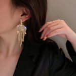 Long Tassel Rhinestone Drop Earrings Golden Leaf Dangle Earrings for Women Fashion Jewelry Accessories - Image 3