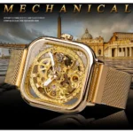 Forsining Men's Perpetual Self-Winding Mechanical Transparent Golden Skeleton Steel Mesh Wristwatch - Image 2
