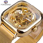 Forsining Men's Perpetual Self-Winding Mechanical Transparent Golden Skeleton Steel Mesh Wristwatch