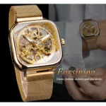Forsining Men's Perpetual Self-Winding Mechanical Transparent Golden Skeleton Steel Mesh Wristwatch - Image 3