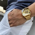 Forsining Men's Perpetual Self-Winding Mechanical Transparent Golden Skeleton Steel Mesh Wristwatch - Image 4