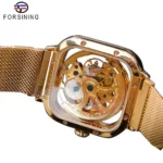 Forsining Men's Perpetual Self-Winding Mechanical Transparent Golden Skeleton Steel Mesh Wristwatch - Image 5